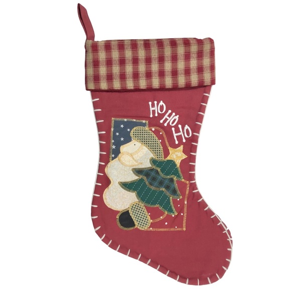 Christmas Stocking Ho Ho Ho Country Santa Dark Red Gingham & Appliqué - Picture 2 of 7